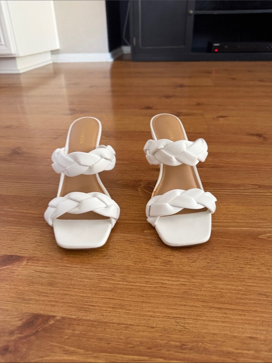 Express Shoes - Express White Braided Double-Strap Mid Heel Slides